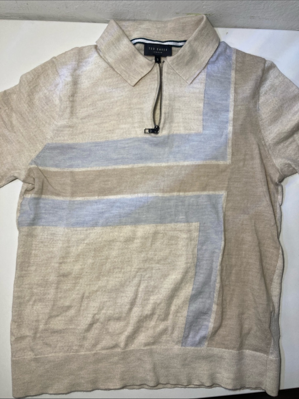 Ted Baker Beige Polo Zip Sweater with Light Blue Panel Detailing